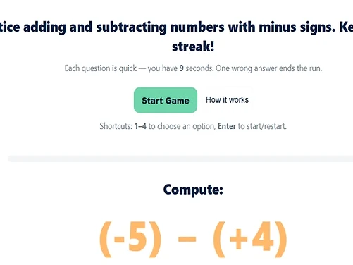 Maths Quiz with Negative Numbers - Play free online game